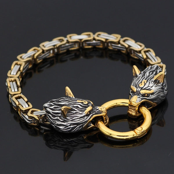 Mens Gold Wolf Bracelet - Stainless Steel Fenrir Viking Chain Armring