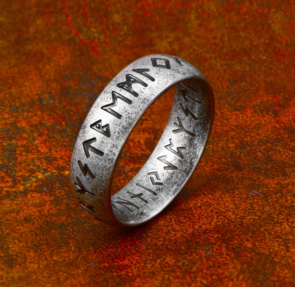 Viking Rune Ring - Vintage Antique Silver Stainless Steel Norse Band