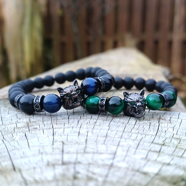 Stone Wolf Bracelet Viking Natural 8mm Beads Blue Green Gemstone Bracelet