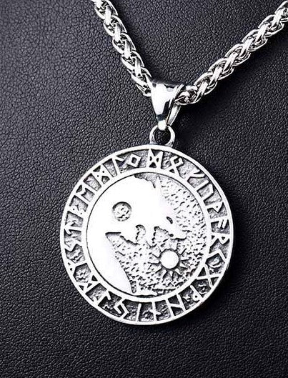 Viking Wolf Medallion -  Stainless Steel Fenrir Rune Pendant Necklace