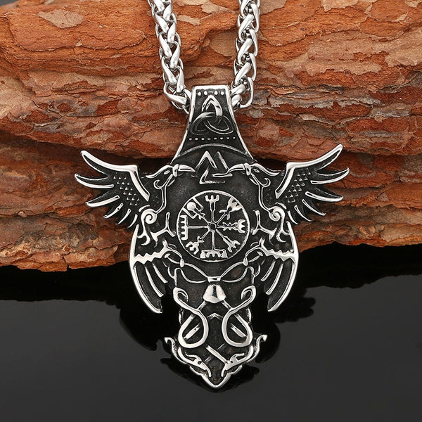 Viking Raven Pendant - Norse Compass Celtic Valknut Necklace