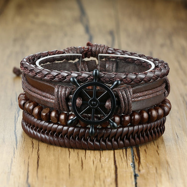 Viking Mens Brown Leather 4 Piece Bracelet - Norse Braided Wristband