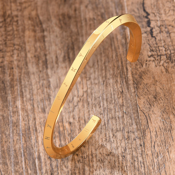 Twisted Viking Gold Rune Bracelet - Steel Celtic Runic Cuff Bangle