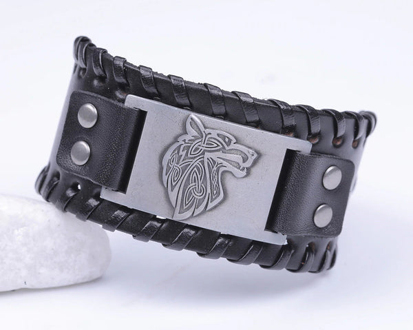 Black Leather Viking Wolf Bracelet - Norse Celtic Fenrir Wristband