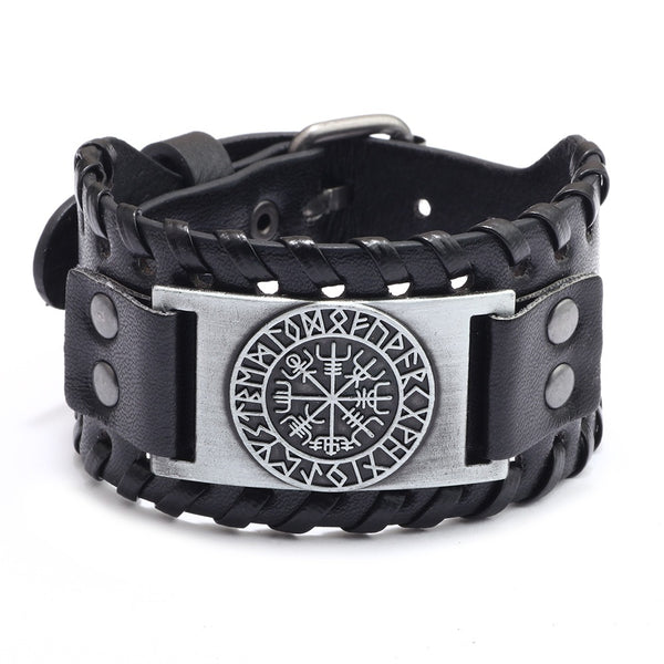 Black Leather Viking Compass Bracelet - Norse Celtic Vegvisir Wristband