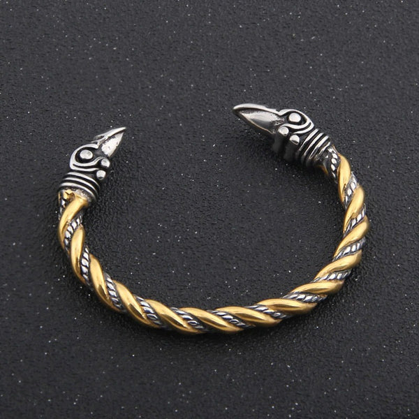 Mens Gold Raven Bracelet Cuff - Stainless Steel Norse Viking Bangle